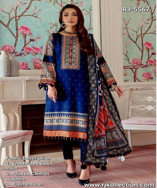 RJ Kollection Navy Blue Women’s Embroidered 3-Piece Unstitched Lawn Suit