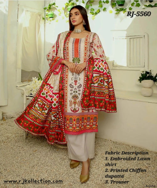 New Design Self-Printed Women’s Embroidered 3-Piece Unstitched Lawn By RJ Kollection
