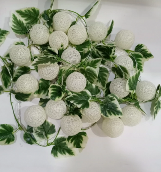 White Cotton Ball with Leaf Fairy Lights for Enchanting Ambiance
